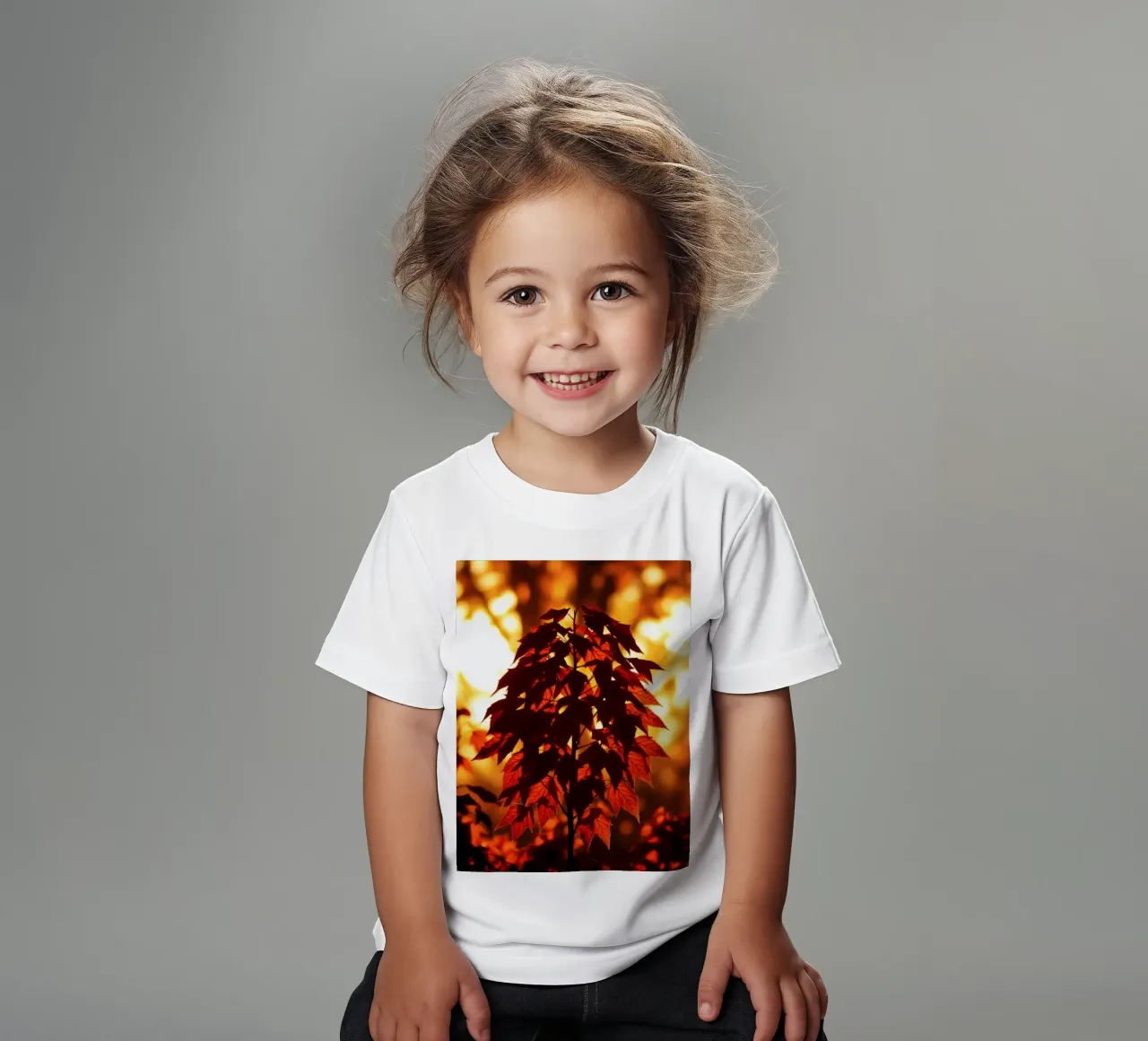 Silhouette di foglie autunnali contro un tramonto luminoso t-shirt bambini da DesignDoodle