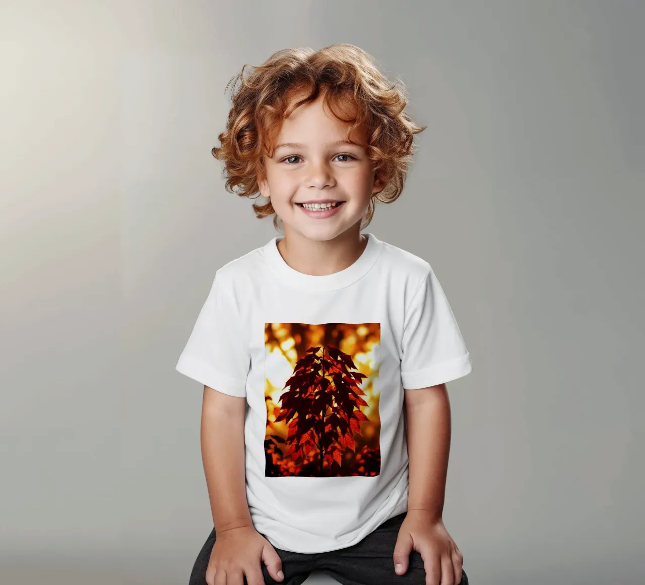 Silhouette di foglie autunnali contro un tramonto luminoso t-shirt bambini da DesignDoodle
