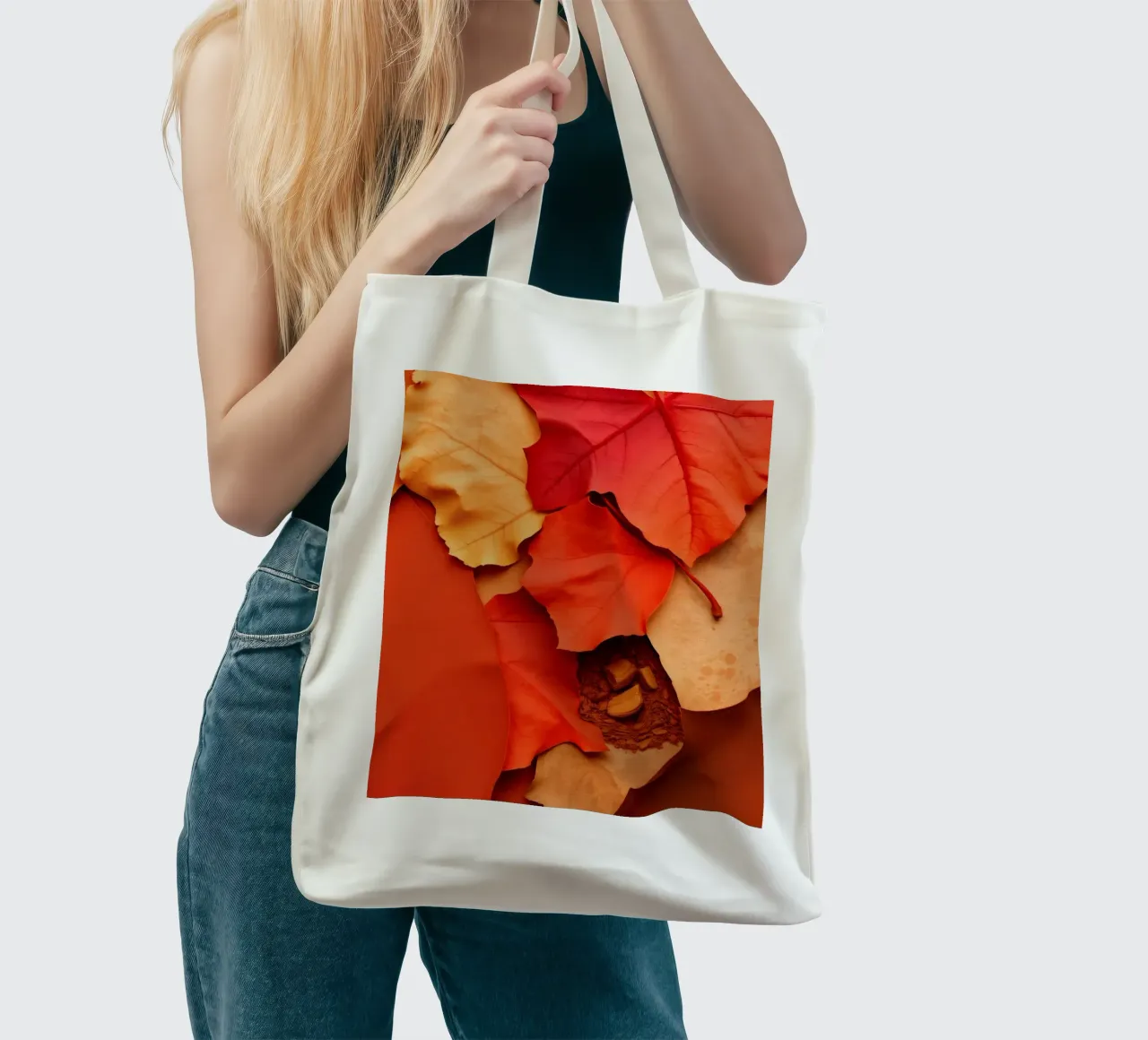 foglie autunnali e chicchi di caffè disposti in modo splendido borsa in juta da DesignDoodle