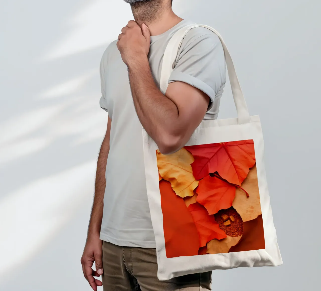 foglie autunnali e chicchi di caffè disposti in modo splendido borsa in juta da DesignDoodle