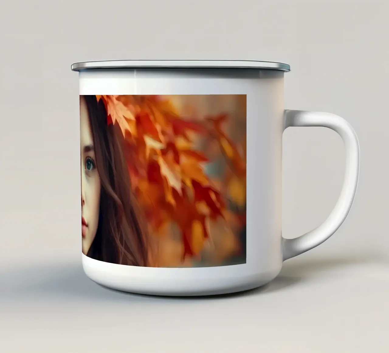 Giovane donna con i capelli lunghi circondata da foglie d'autunno tazza in smalto da DesignDoodle
