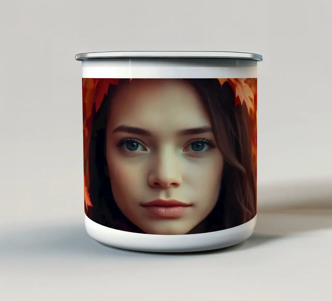 Giovane donna con i capelli lunghi circondata da foglie d'autunno tazza in smalto da DesignDoodle