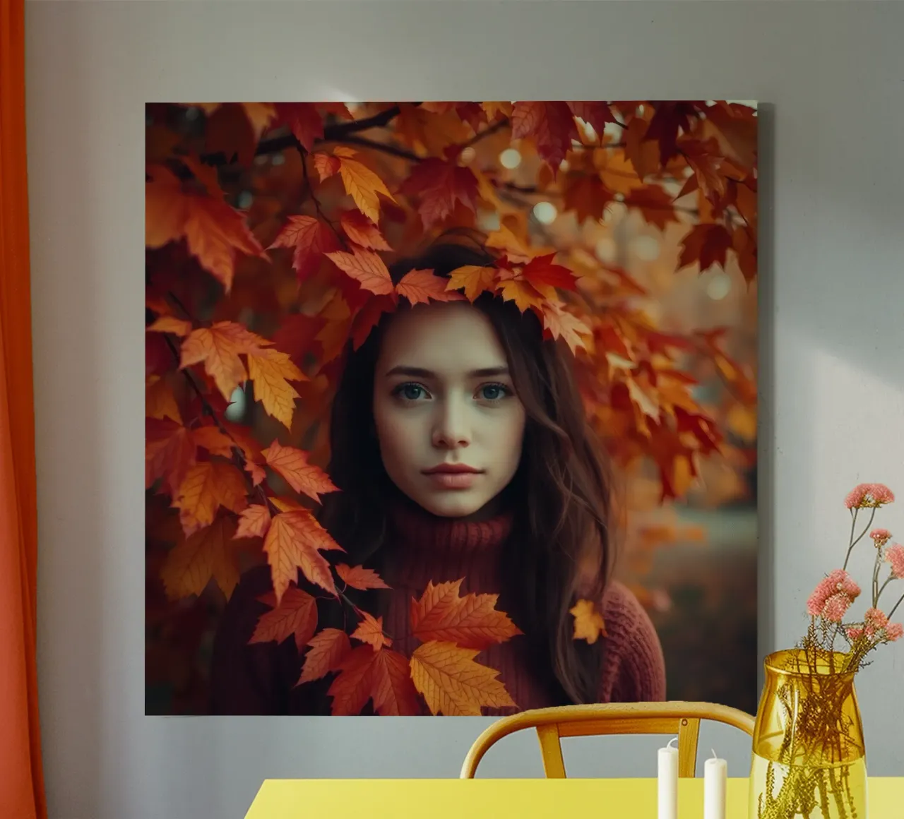 Giovane donna con i capelli lunghi circondata da foglie d'autunno tela con Cornice a cassetta da DesignDoodle