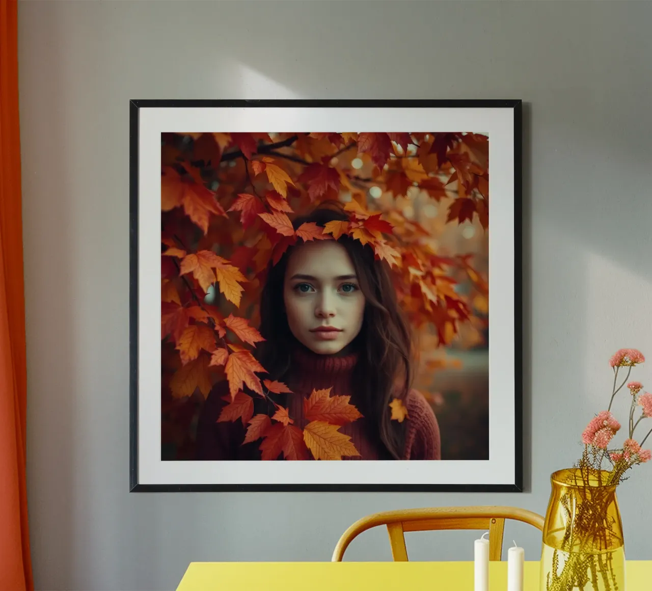Giovane donna con i capelli lunghi circondata da foglie d'autunno poster da DesignDoodle