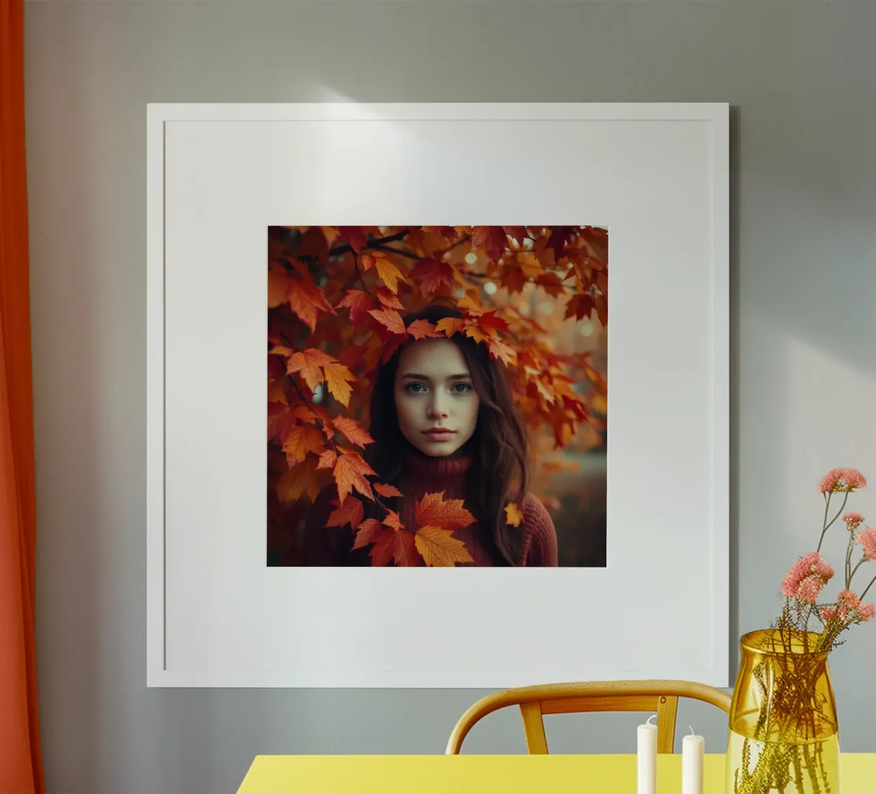 Giovane donna con i capelli lunghi circondata da foglie d'autunno poster da DesignDoodle