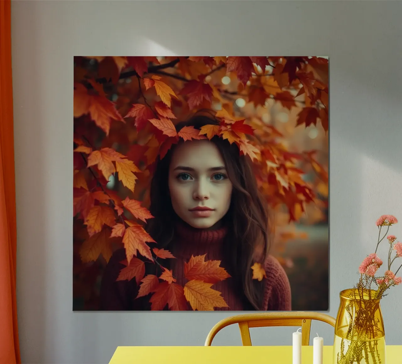 Giovane donna con i capelli lunghi circondata da foglie d'autunno poster da DesignDoodle