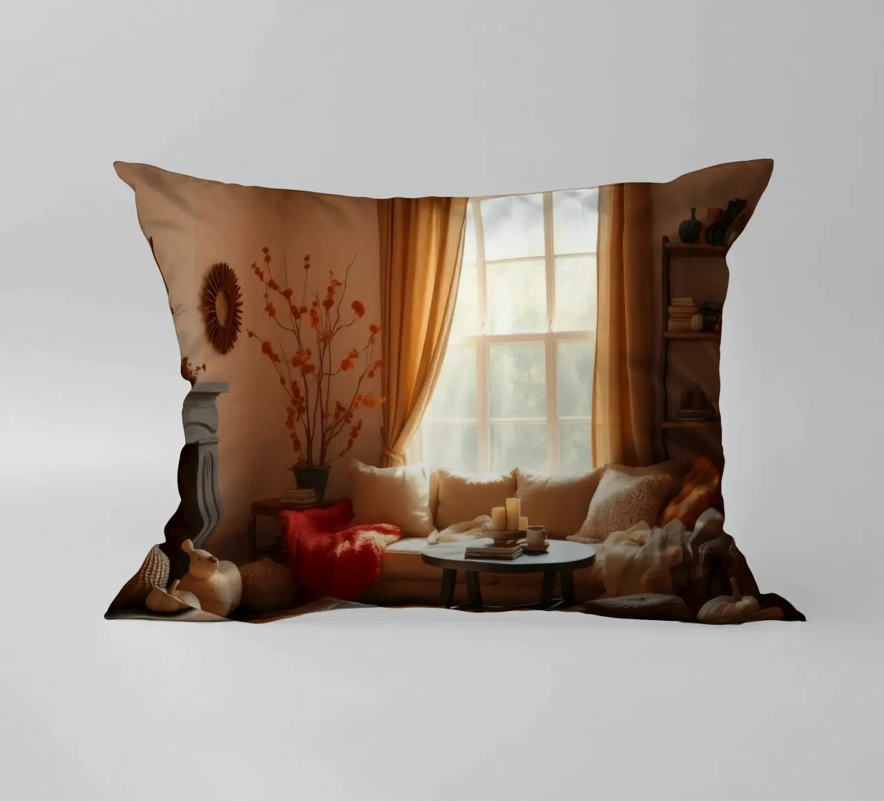 Cozy autumn living room with warm sunlight and seasonal decorative cushion by DesignDoodle