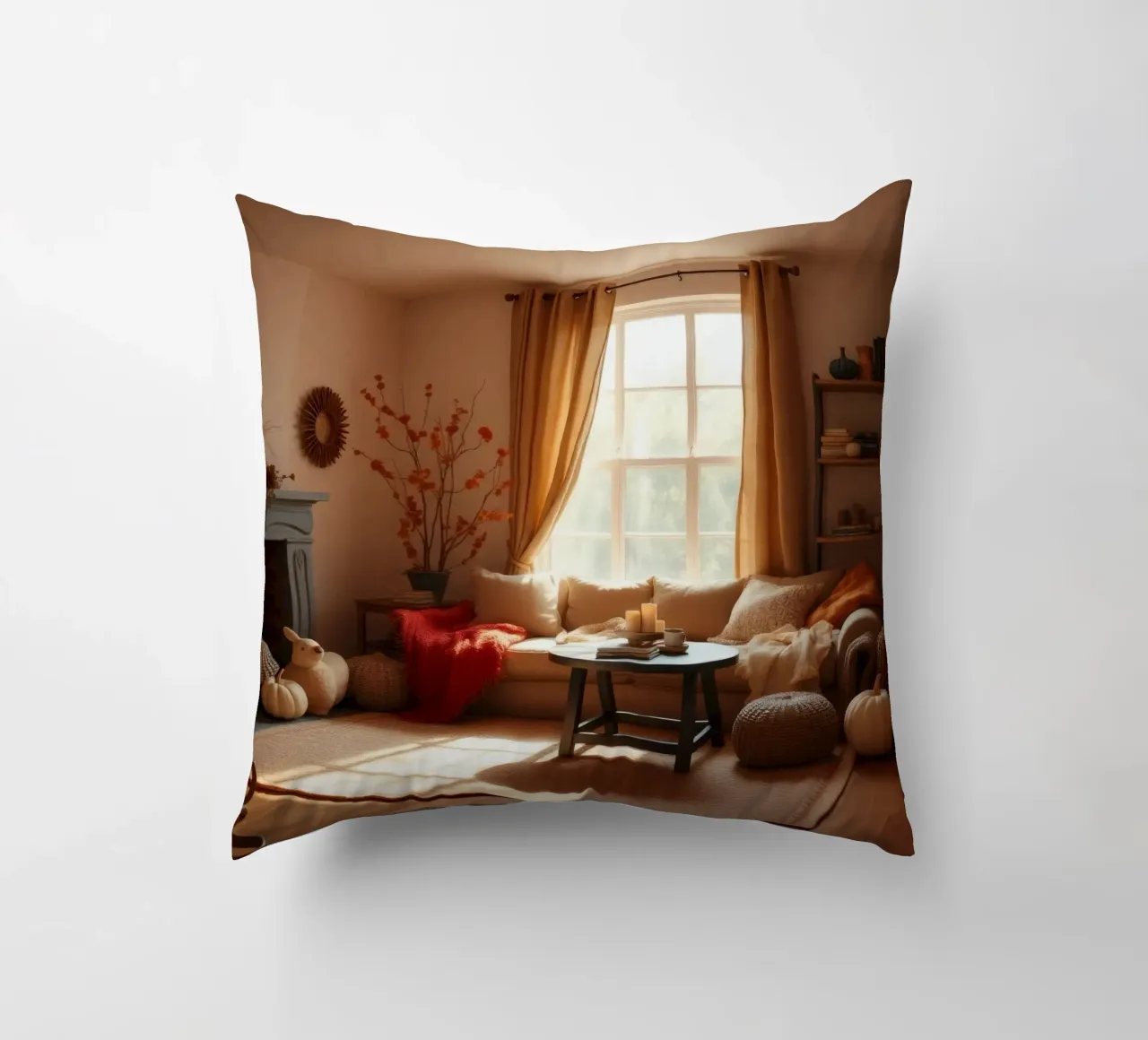 Cozy autumn living room with warm sunlight and seasonal decorative cushion by DesignDoodle