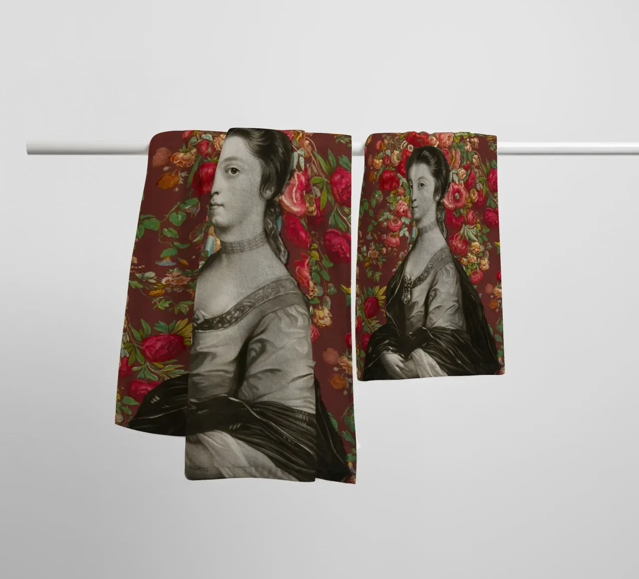 Baroque portrait and lush flowers - Vintage style towel by luciette plastique