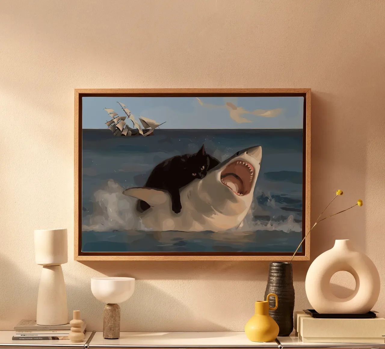 cat and shark canvas with Floater frame by Abstract Botanical Art