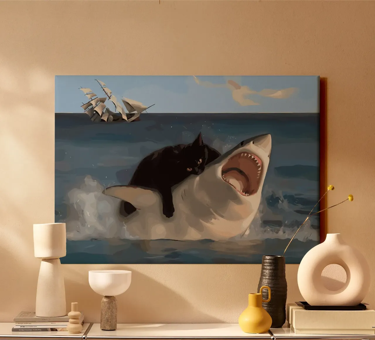 cat and shark canvas with Floater frame by Abstract Botanical Art