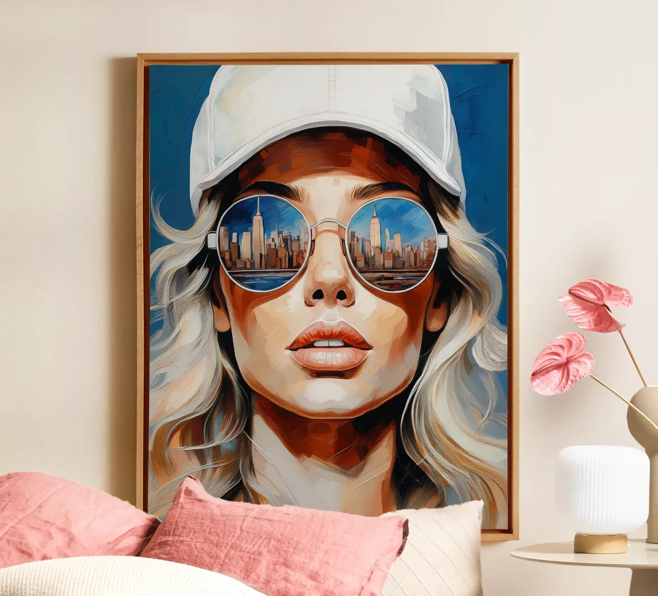 Portret mooie jonge vrouw met zonnebril NYC skyline canvas met Baklijst van Take Your Art BV