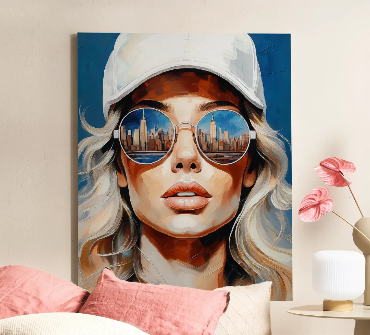 Portret mooie jonge vrouw met zonnebril NYC skyline canvas met Baklijst van Take Your Art BV