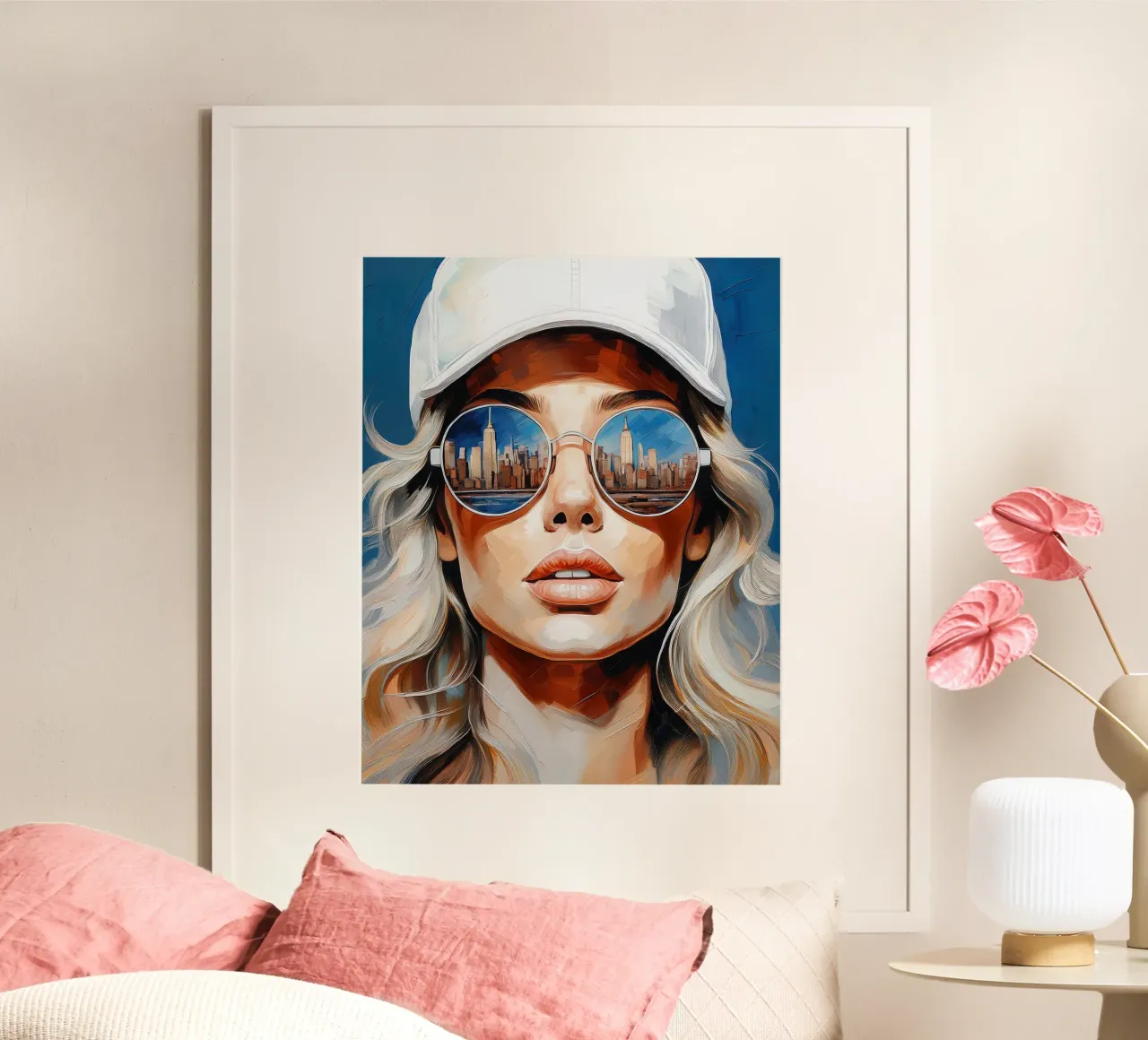 Ritratto bella donna giovane con occhiali da sole skyline di New York poster da Take Your Art BV