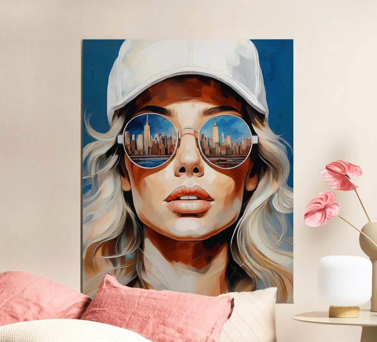 Ritratto bella donna giovane con occhiali da sole skyline di New York poster da Take Your Art BV