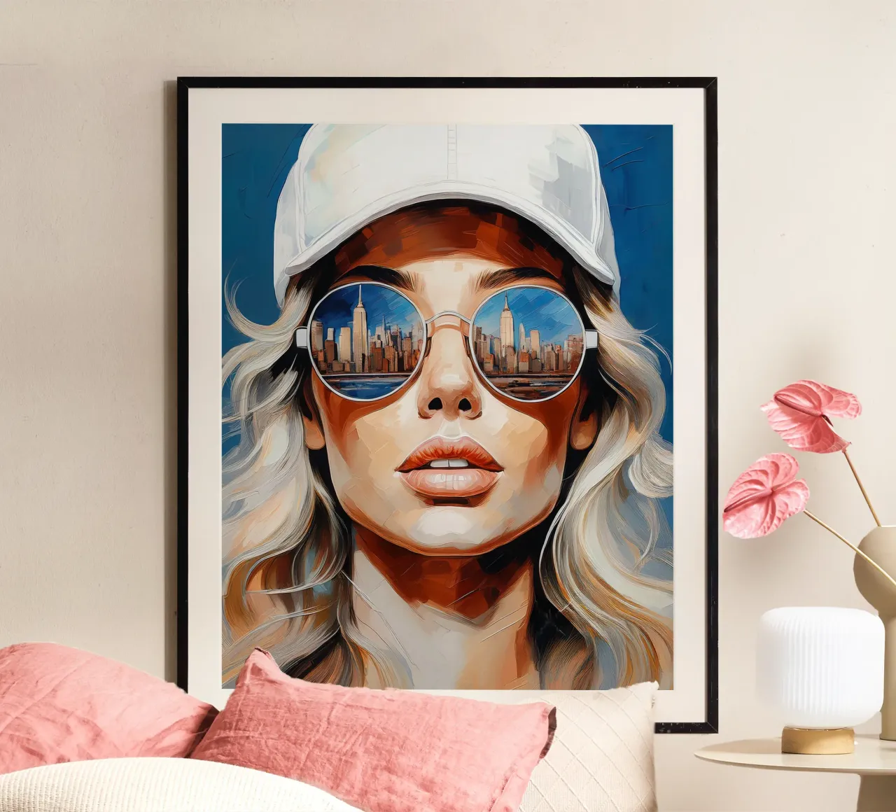 Ritratto bella donna giovane con occhiali da sole skyline di New York poster da Take Your Art BV