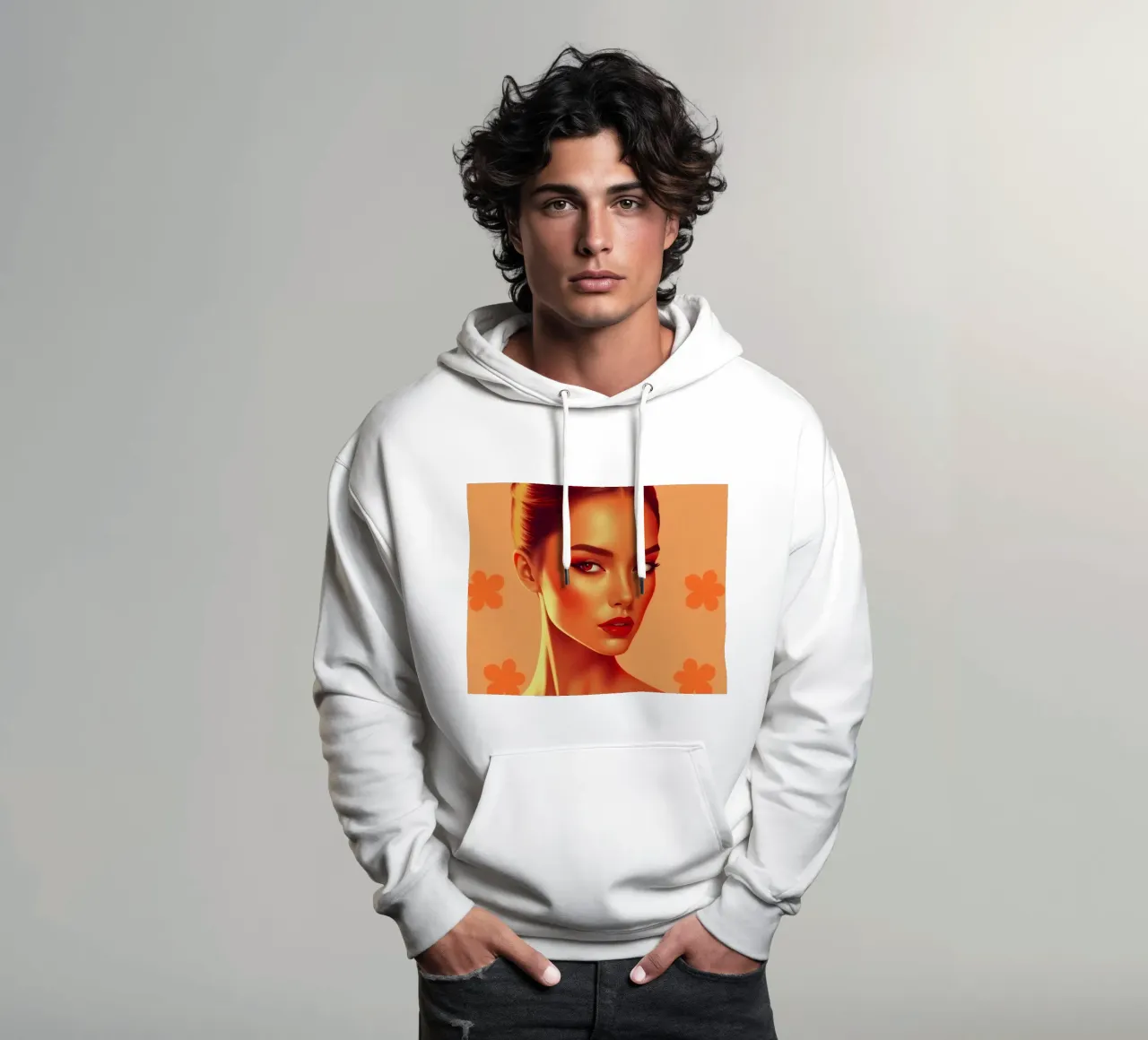 Ritratto di donna con sfondo arancione e fiori. felpa con cappuccio da DesignDoodle