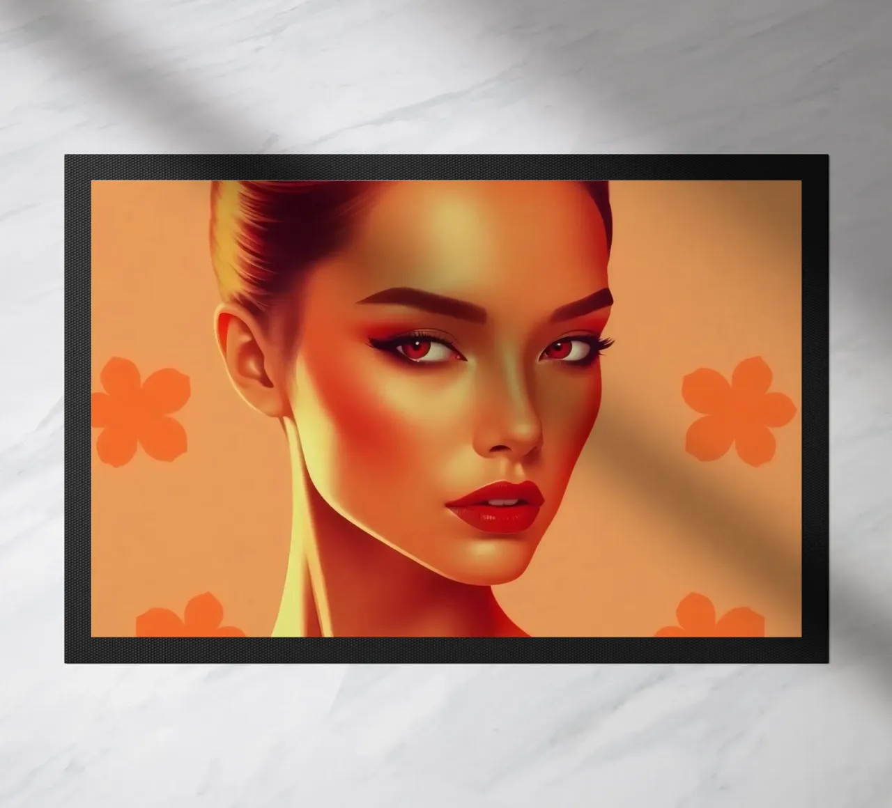 Ritratto di donna con sfondo arancione e fiori. zerbino da DesignDoodle
