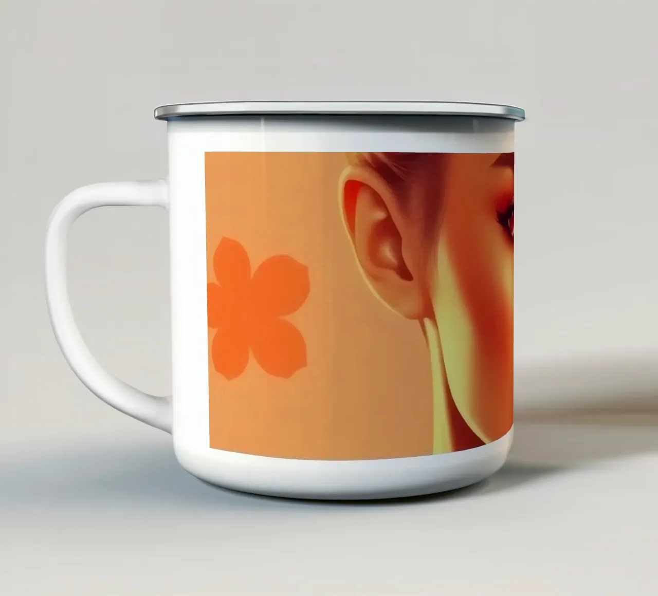 Ritratto di donna con sfondo arancione e fiori. tazza in smalto da DesignDoodle