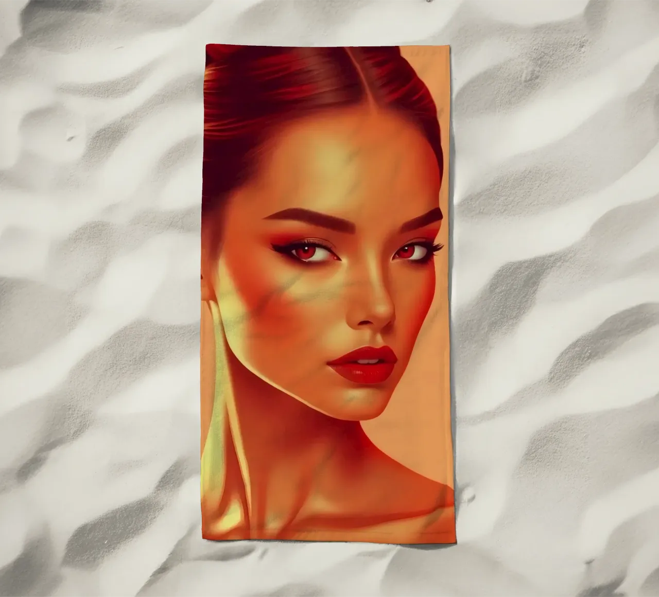 Portrait of a woman with a bold orange background and floral beach towel by DesignDoodle