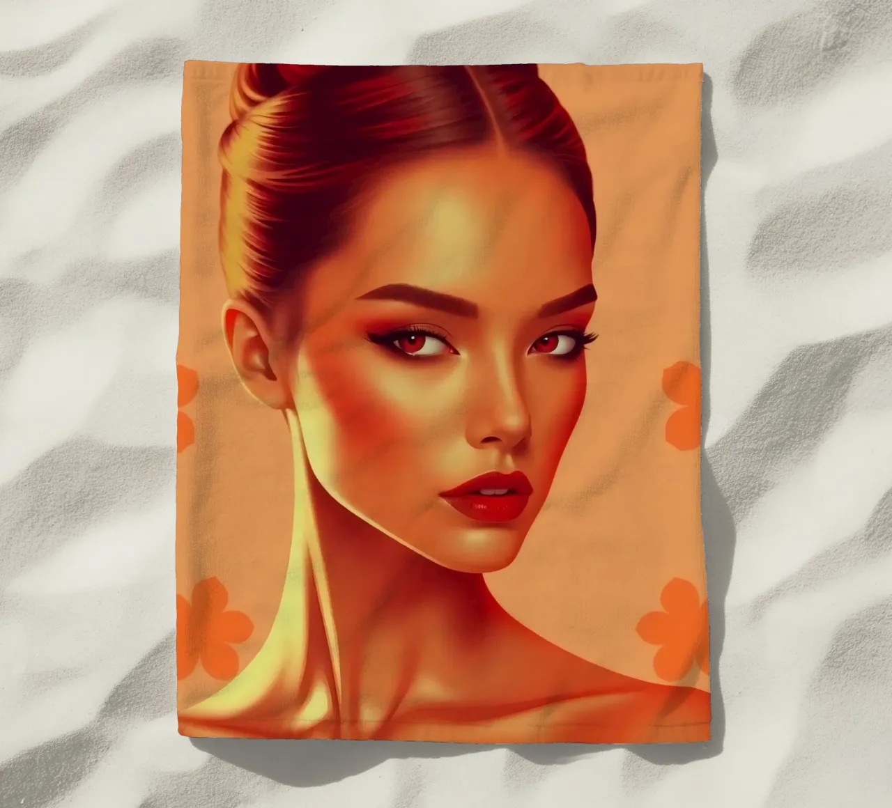 Portrait of a woman with a bold orange background and floral beach towel by DesignDoodle