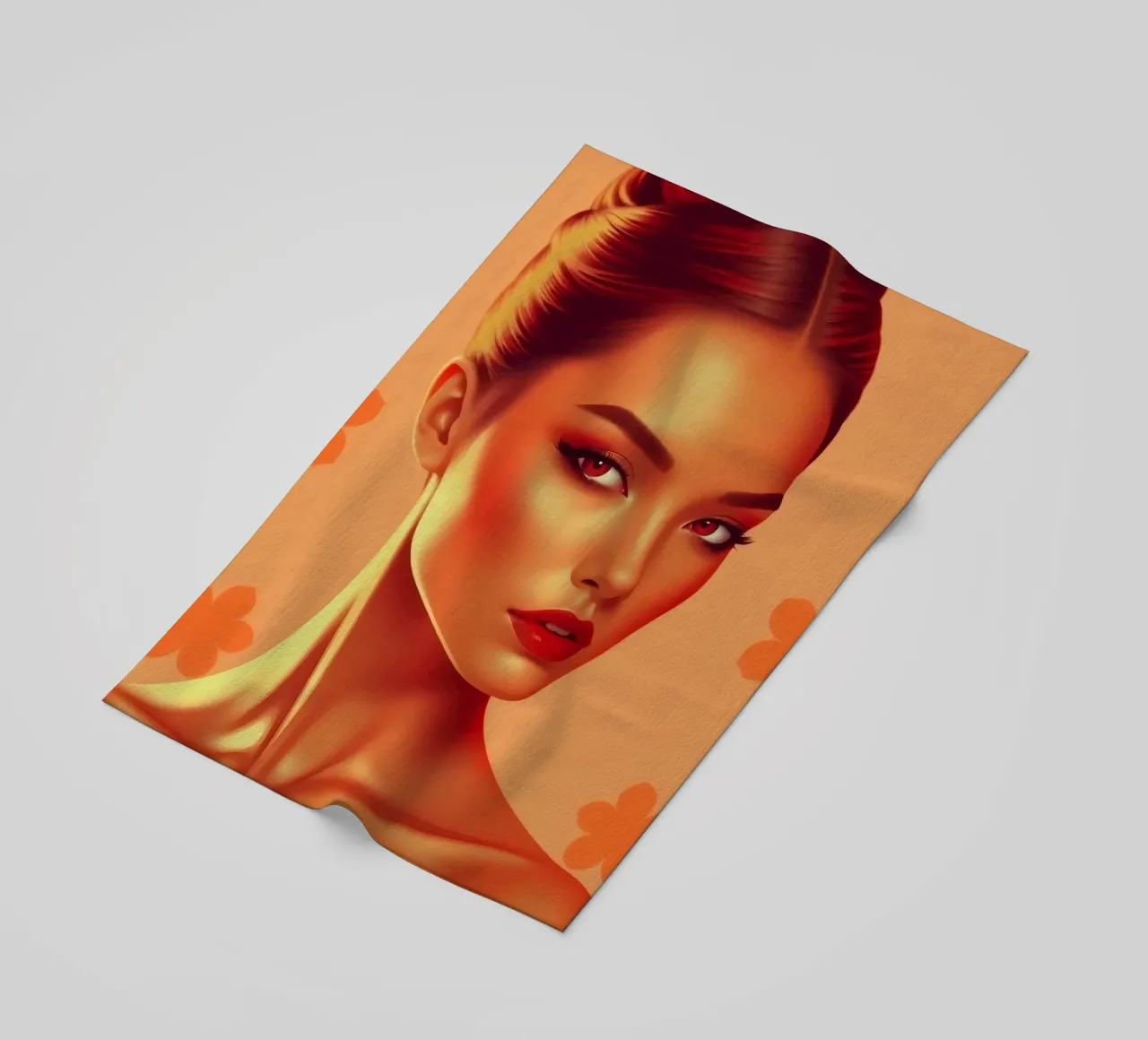 Portrait of a woman with a bold orange background and floral beach towel by DesignDoodle