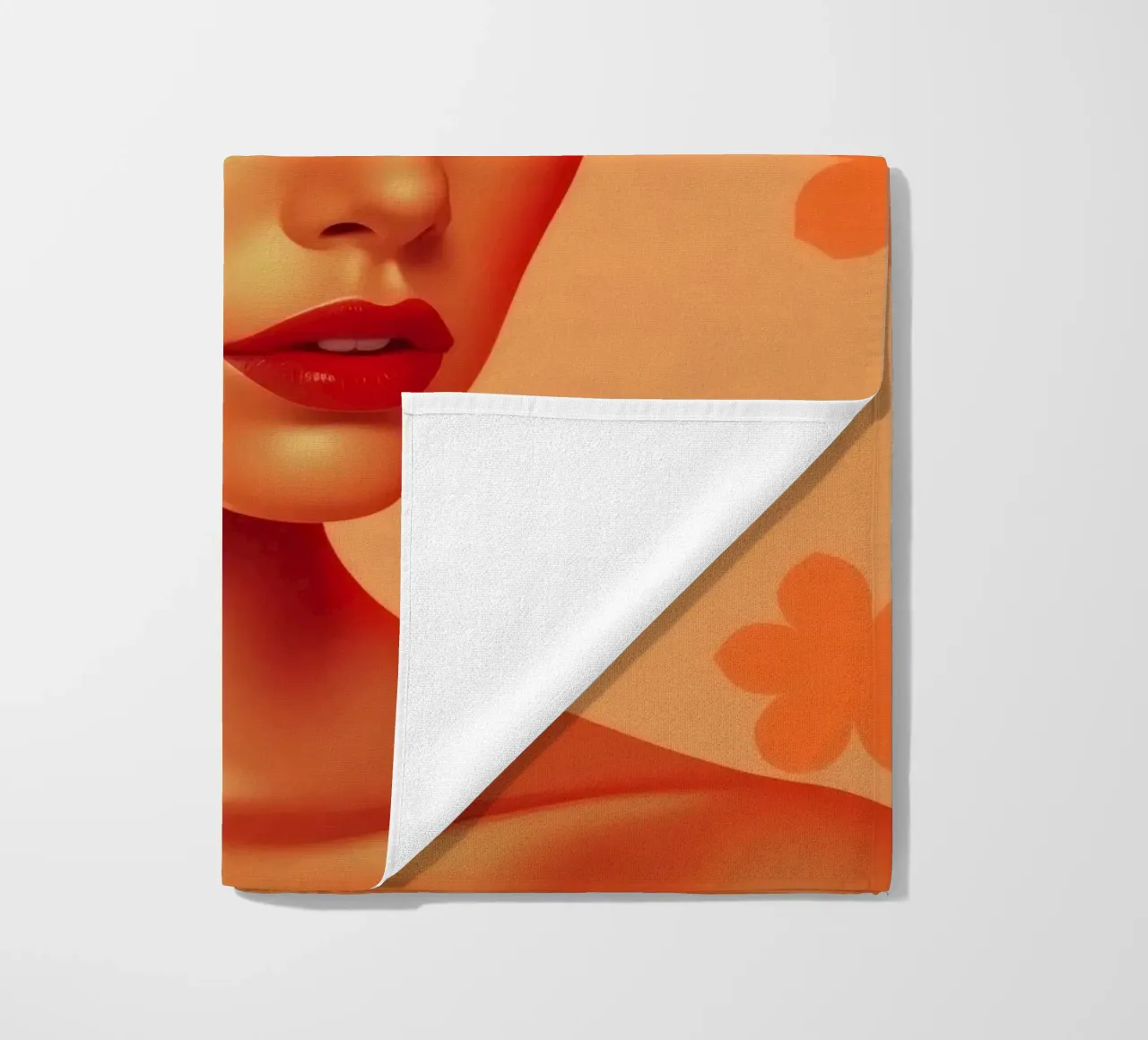 Portrait of a woman with a bold orange background and floral beach towel by DesignDoodle