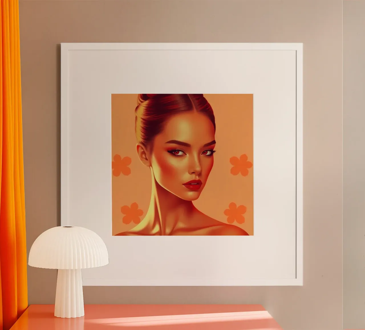 Ritratto di donna con sfondo arancione e fiori. poster da DesignDoodle