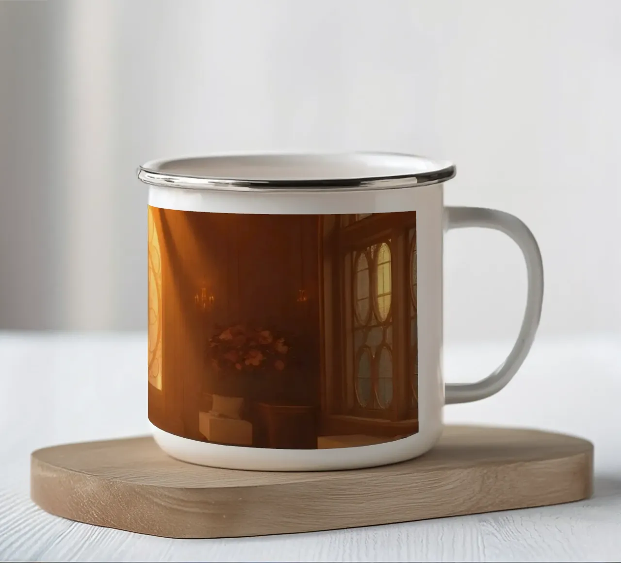 La calda luce del sole si riversa in un'elegante stanza piena di tazza in smalto da DesignDoodle