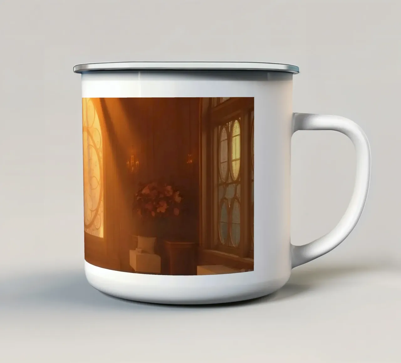 La calda luce del sole si riversa in un'elegante stanza piena di tazza in smalto da DesignDoodle
