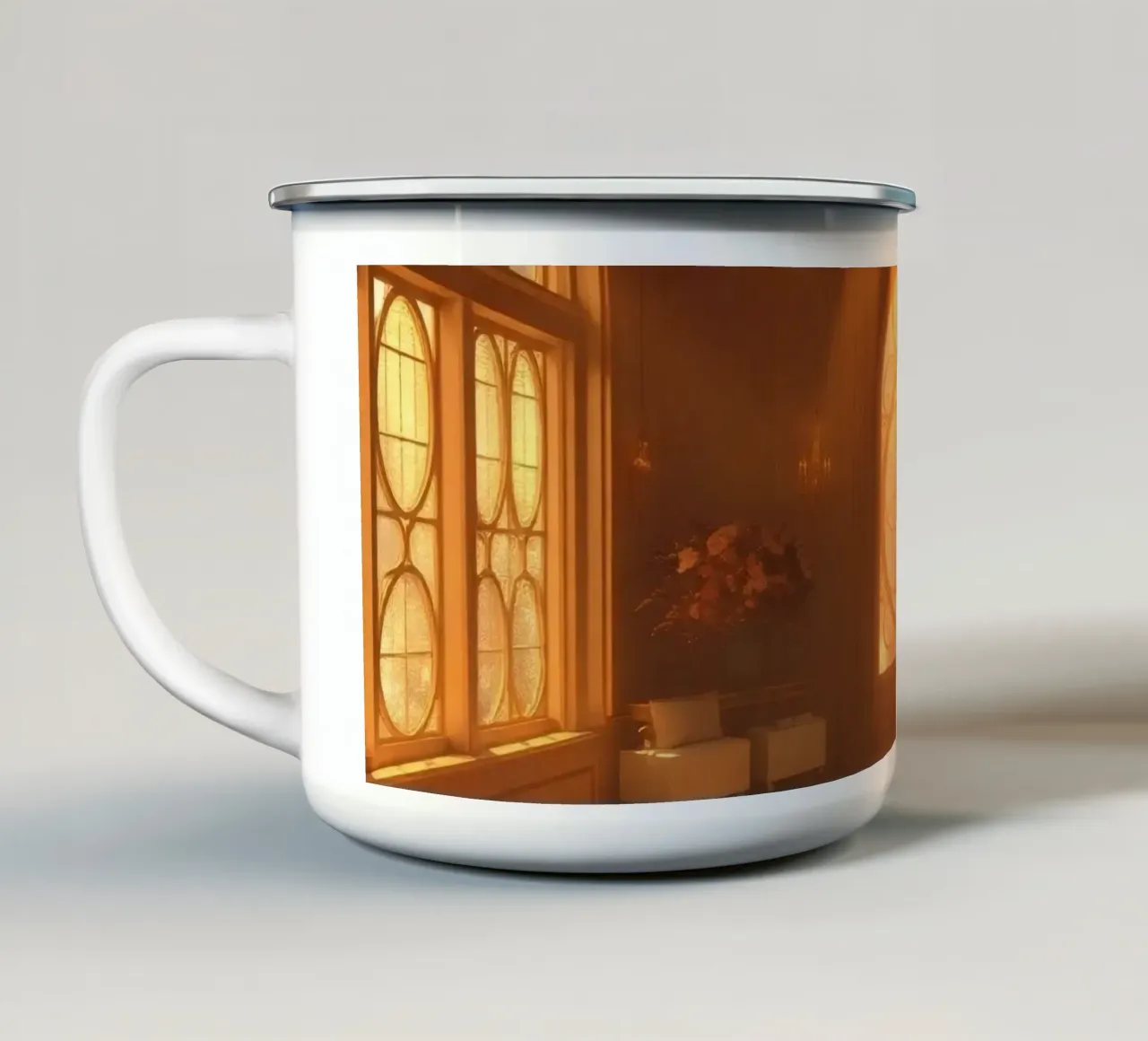 La calda luce del sole si riversa in un'elegante stanza piena di tazza in smalto da DesignDoodle