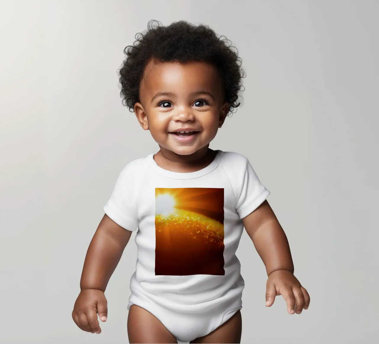 Sunlight glistens on a dewy surface at dawn, creating a warm short-sleeve baby romper by DesignDoodle