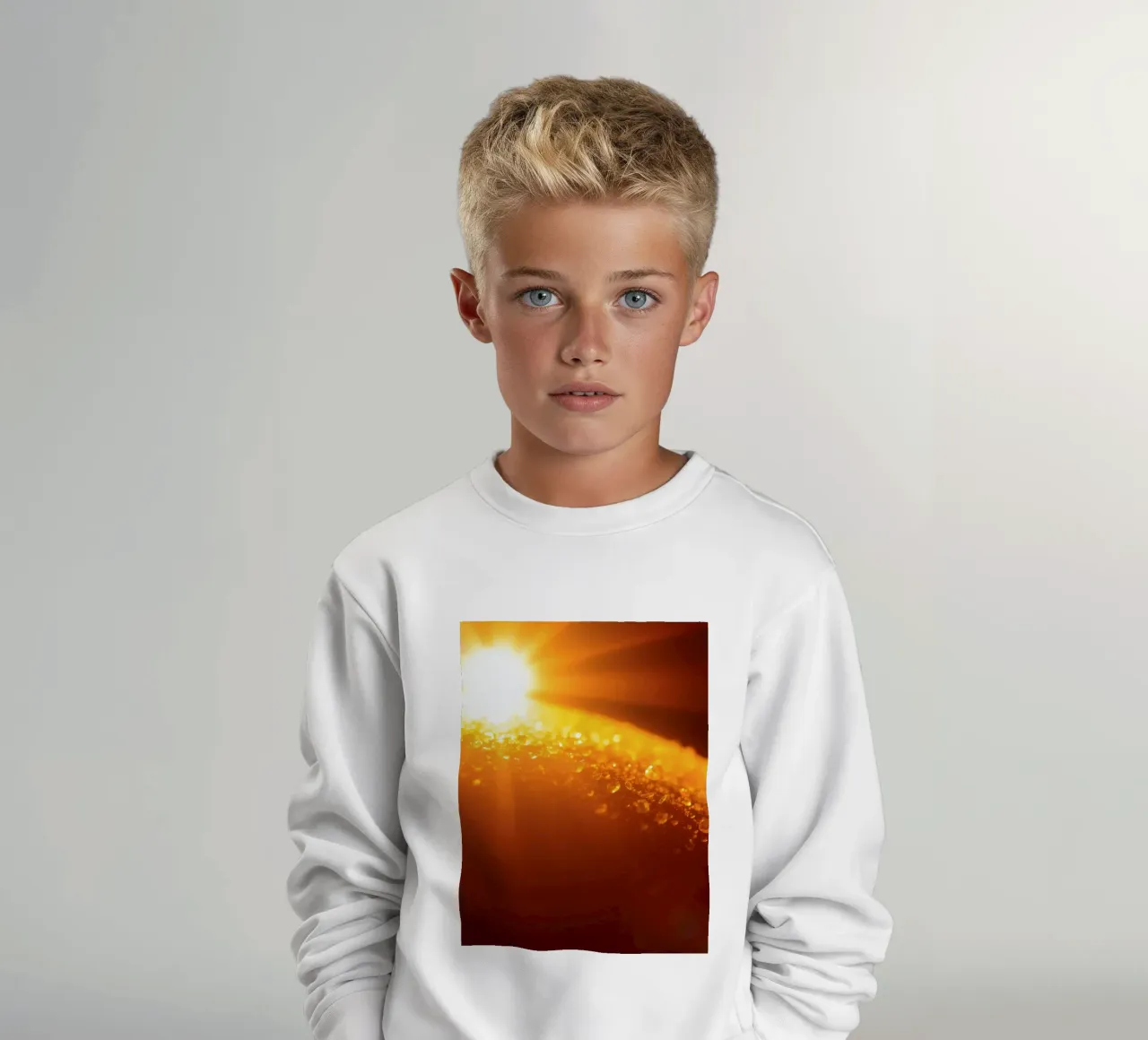 Les rayons du soleil scintillent sur une surface humide à l'aube, créant une atmosphère chaleureuse. sweat enfant de DesignDoodle