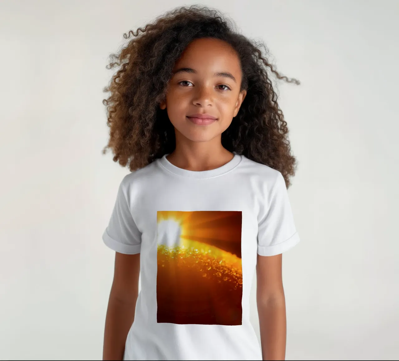 Sunlight glistens on a dewy surface at dawn, creating a warm kids t-shirt by DesignDoodle