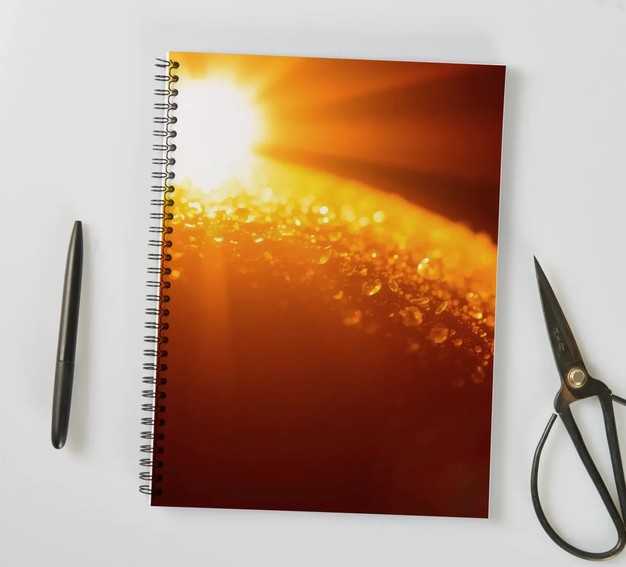 Sunlight glistens on a dewy surface at dawn, creating a warm spiral notebook by DesignDoodle