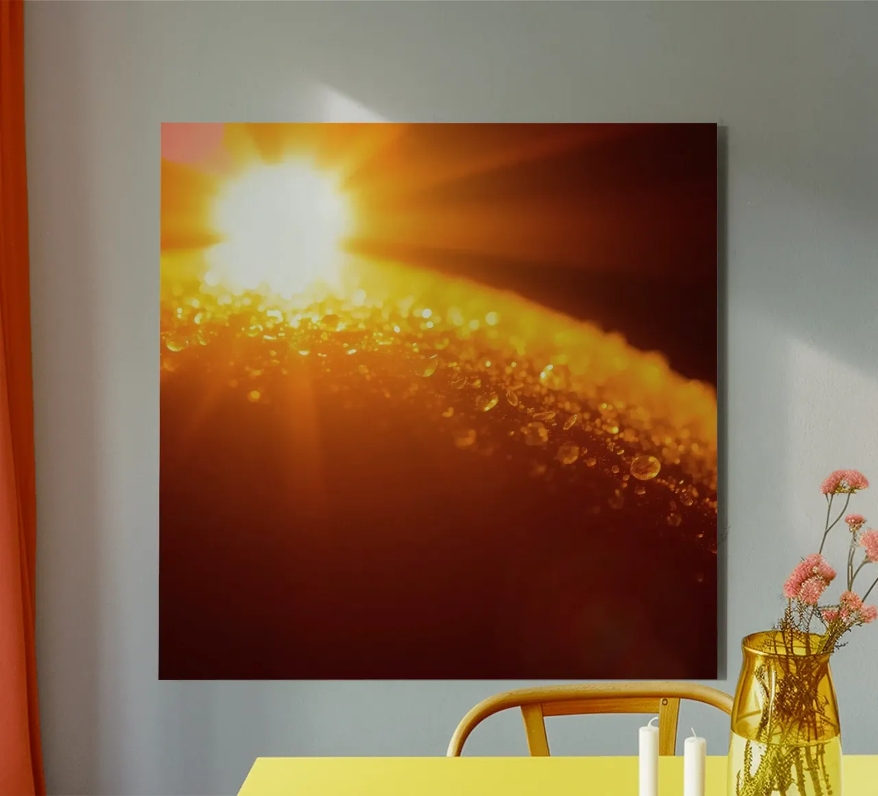 Sunlight glistens on a dewy surface at dawn, creating a warm alu-dibond by DesignDoodle