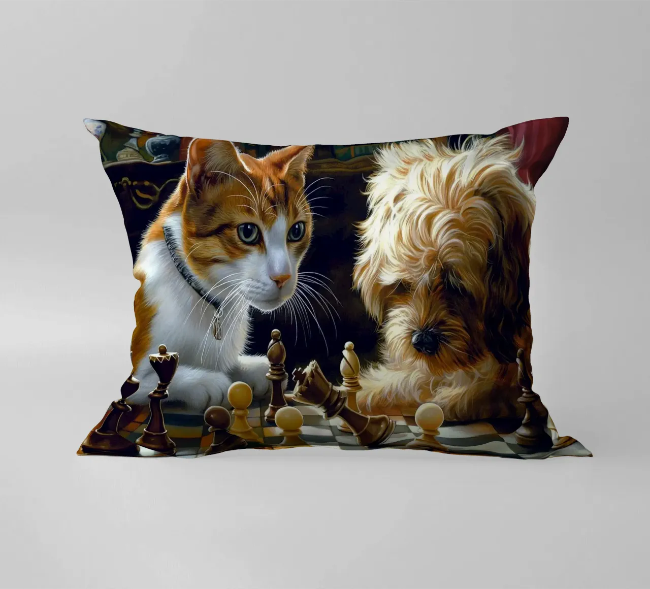cane e gatto che giocano a scacchi cuscino da Abstract Botanical Art