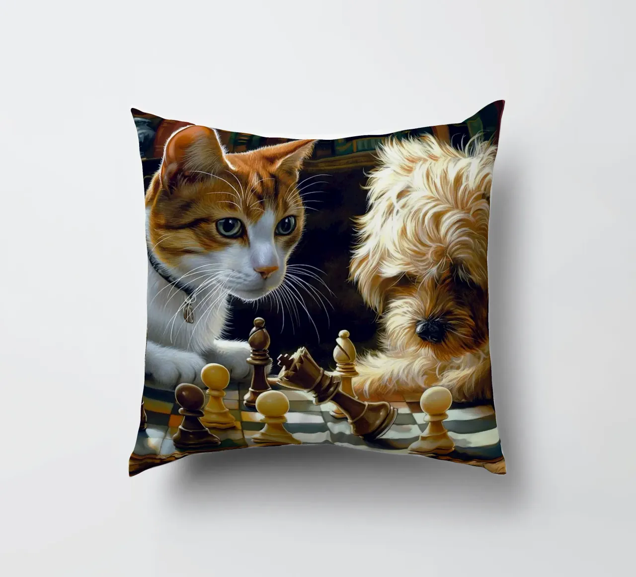 cane e gatto che giocano a scacchi cuscino da Abstract Botanical Art