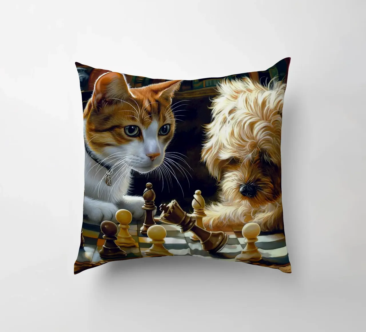 cane e gatto che giocano a scacchi cuscino da Abstract Botanical Art