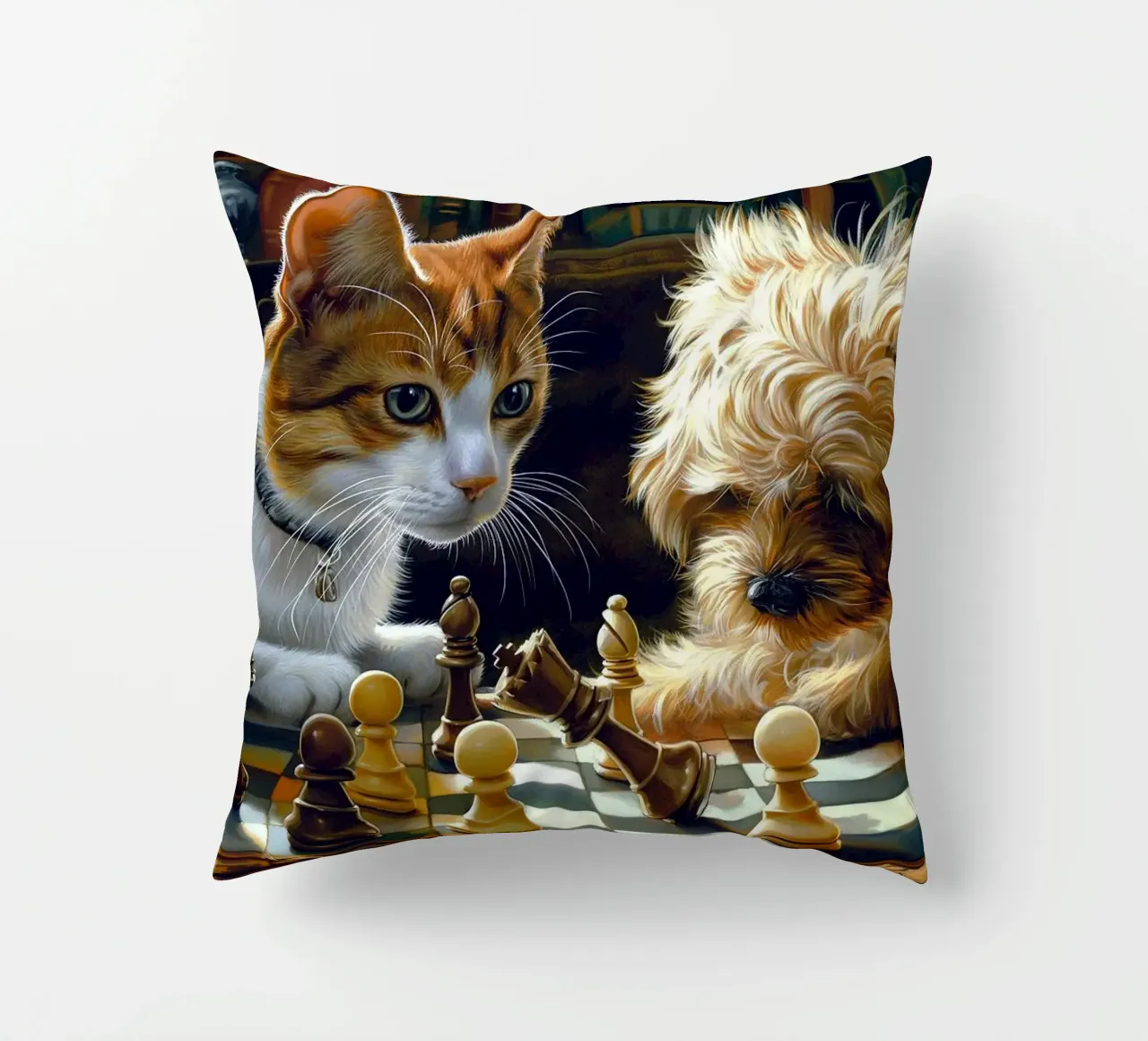 cane e gatto che giocano a scacchi cuscino da Abstract Botanical Art
