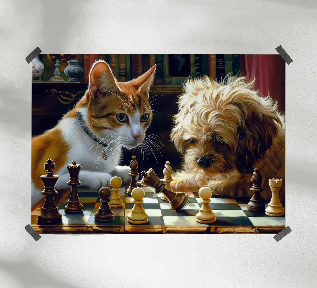 cat and dog playing chess hahnemühle by Abstract Botanical Art