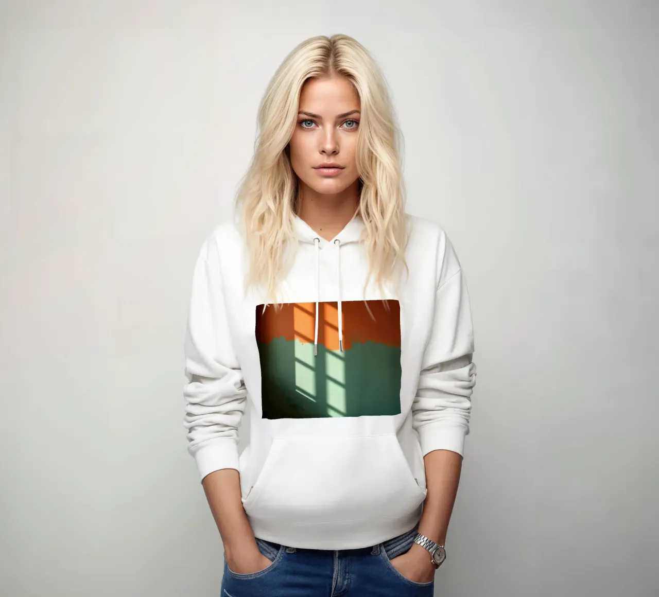 Light and shadow interplay on colorful wall in a sunlit hoodie by DesignDoodle