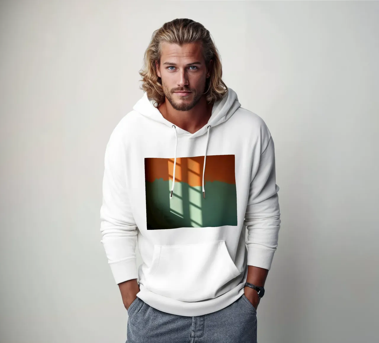 Gioco di luci e ombre su una parete colorata in una stanza illuminata dal sole. felpa con cappuccio da DesignDoodle