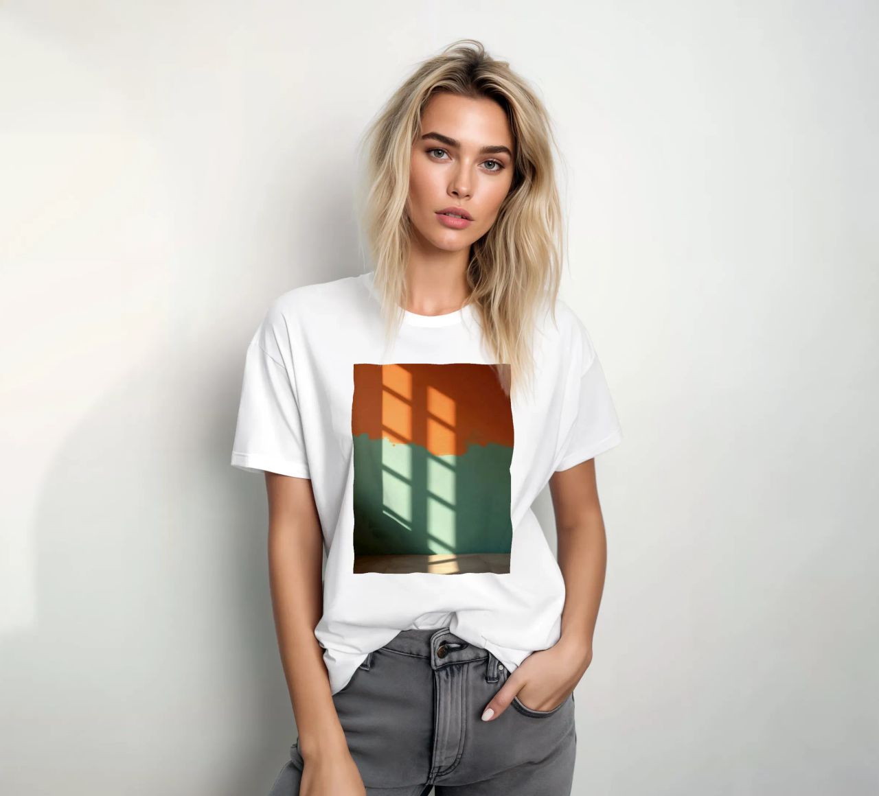 Gioco di luci e ombre su una parete colorata in una stanza illuminata dal sole. t-shirt da DesignDoodle