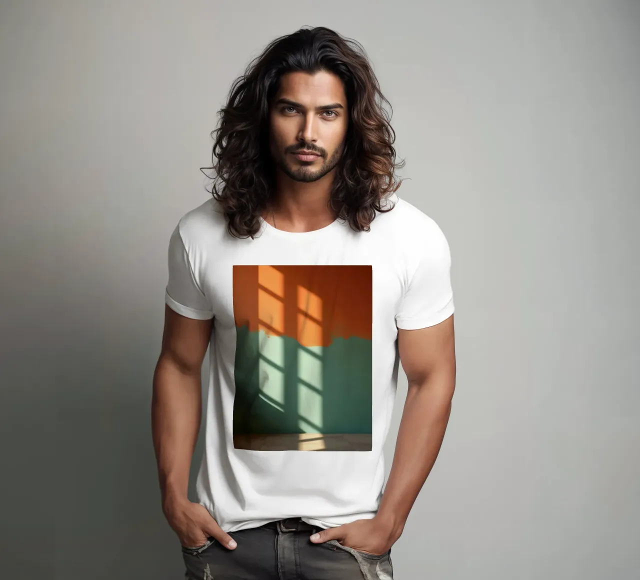 Gioco di luci e ombre su una parete colorata in una stanza illuminata dal sole. t-shirt da DesignDoodle