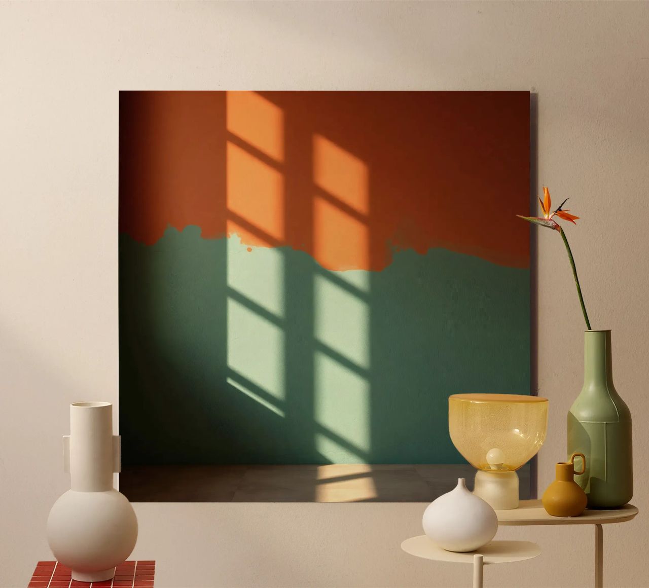 Gioco di luci e ombre su una parete colorata in una stanza illuminata dal sole. alluminio dibond da DesignDoodle