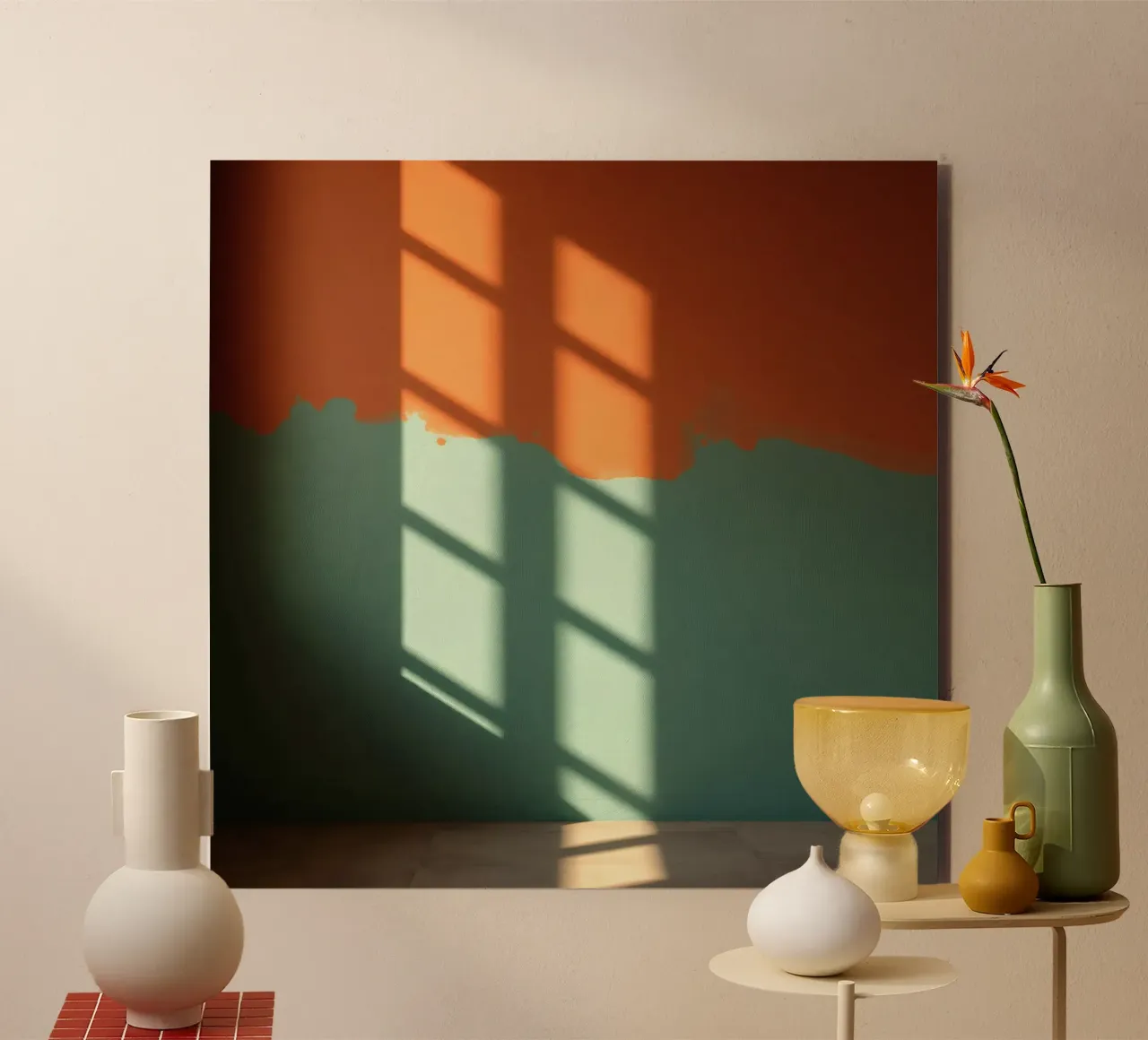 Gioco di luci e ombre su una parete colorata in una stanza illuminata dal sole. pannello forex da DesignDoodle