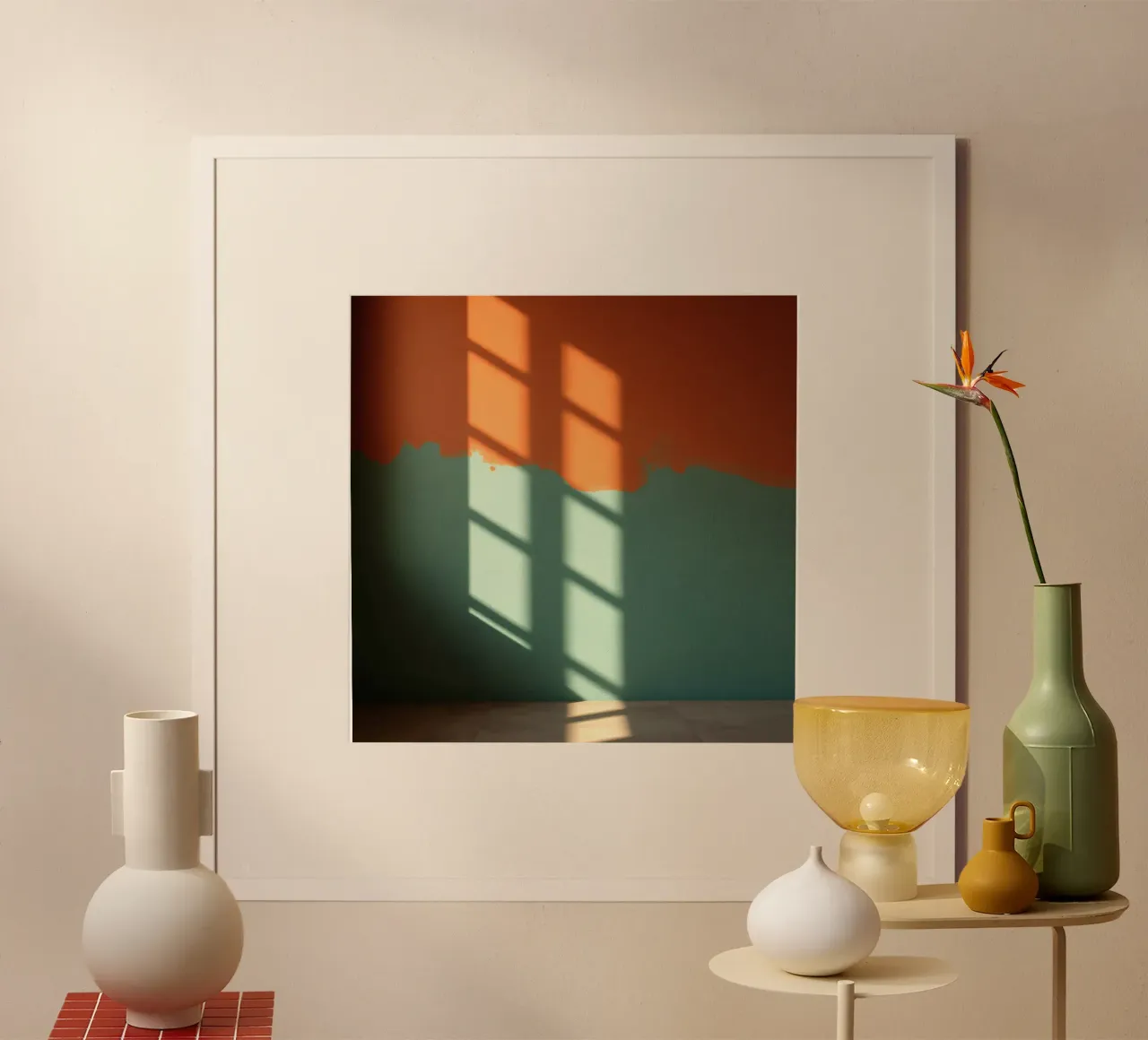 Gioco di luci e ombre su una parete colorata in una stanza illuminata dal sole. poster con telaio in plastica da DesignDoodle