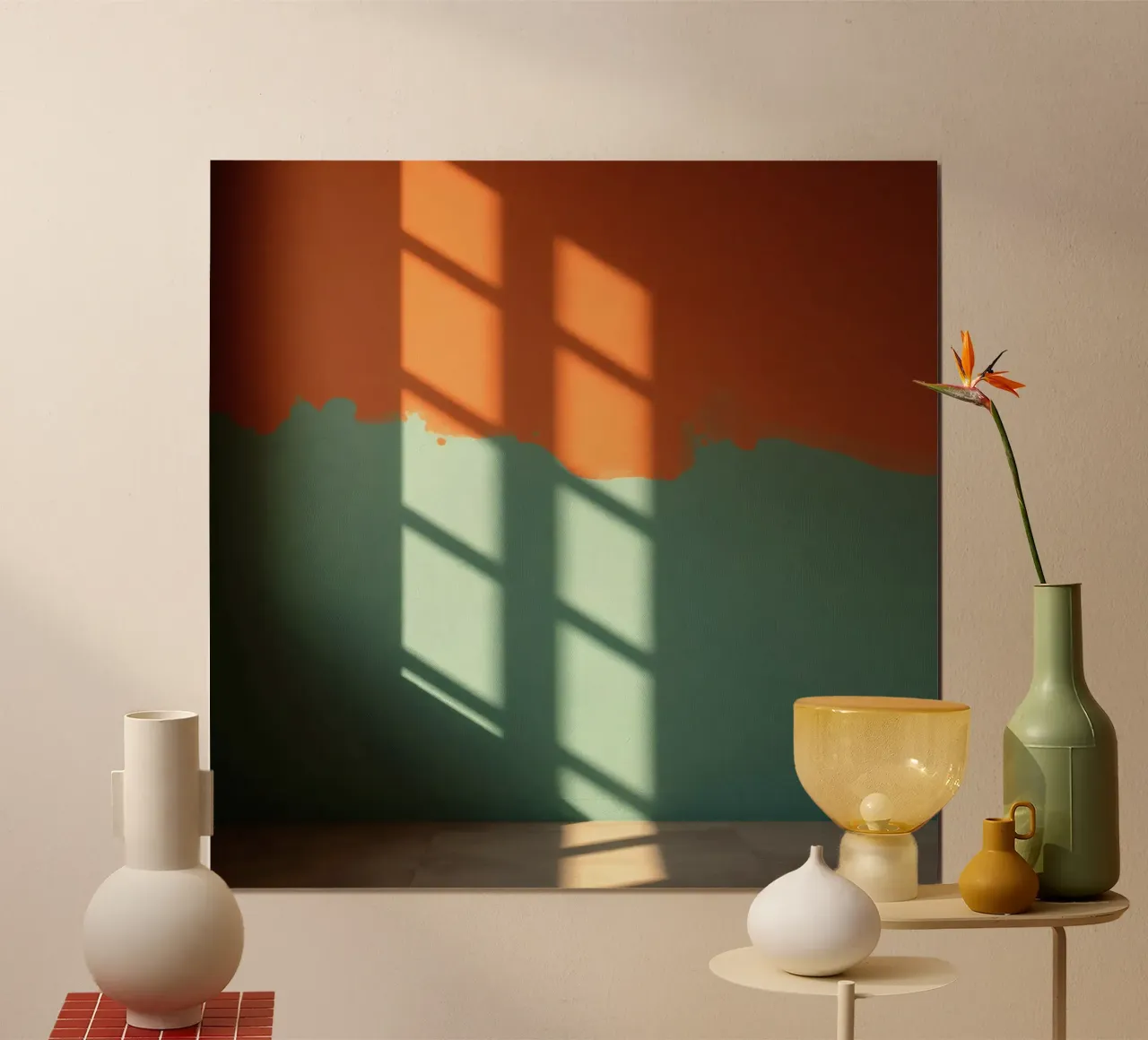 Gioco di luci e ombre su una parete colorata in una stanza illuminata dal sole. poster con telaio in plastica da DesignDoodle