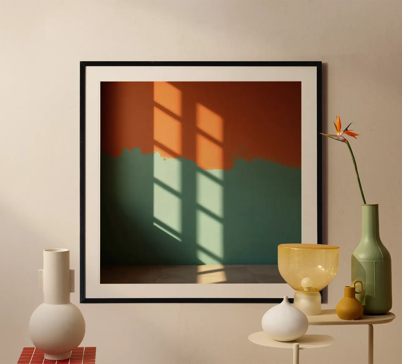 Gioco di luci e ombre su una parete colorata in una stanza illuminata dal sole. poster con telaio in plastica da DesignDoodle